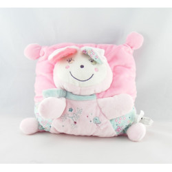 Doudou plat rond  lapin rose bleu fleurs oiseau NICOTOY
