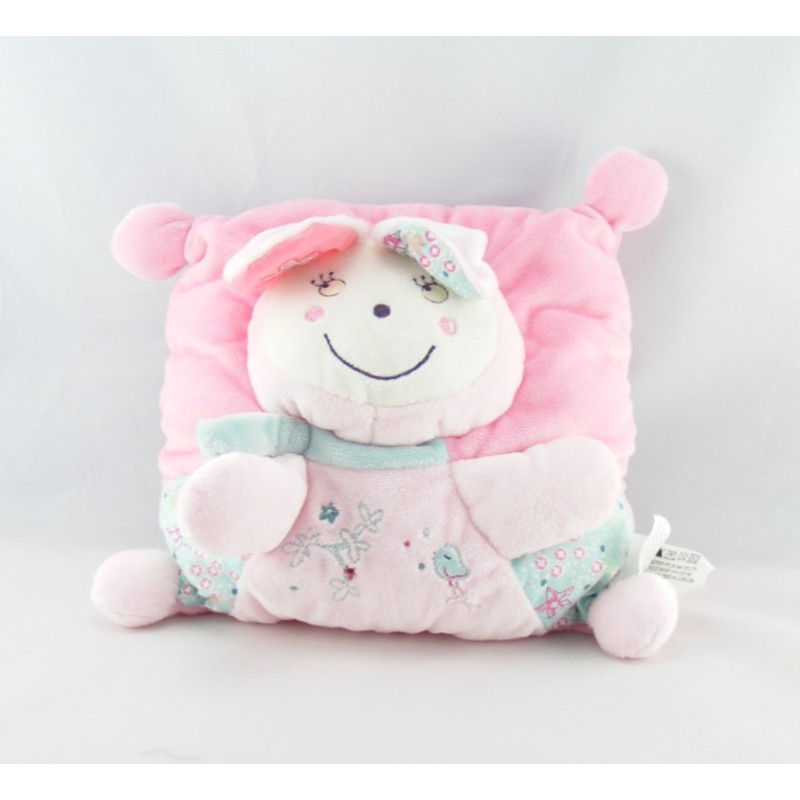 Doudou plat rond  lapin rose bleu fleurs oiseau NICOTOY