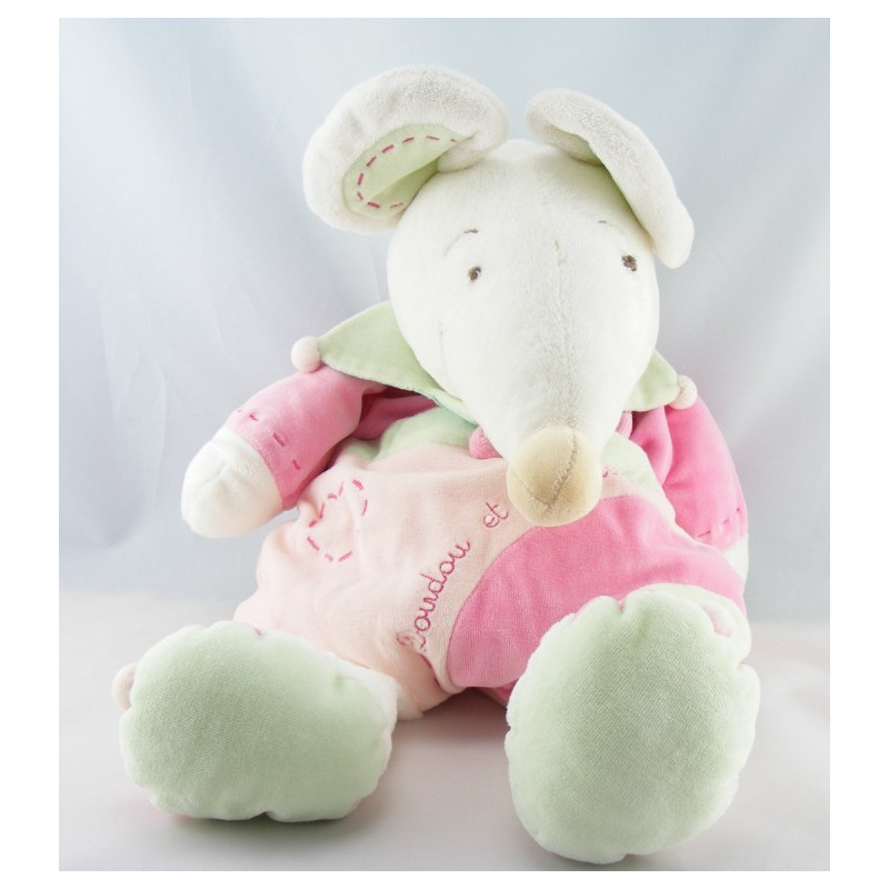 Doudou et compagnie semi plat souris rose Léonie avec bébé