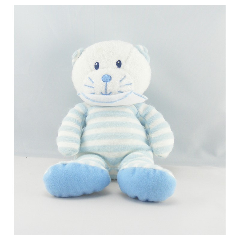 Doudou Chat Blanc Bleu Raye Luminou