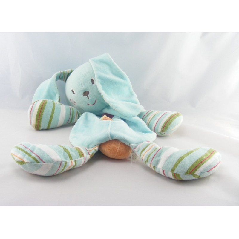 Doudou lapin bleu rayé vert attache tétine SUCRE D'ORGE 