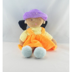Doudou poupée fille métis robe orange bleu NOUNOURS