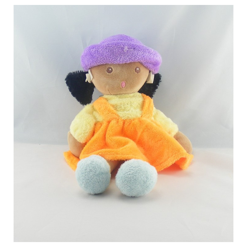 Doudou poupée fille métis robe orange bleu NOUNOURS