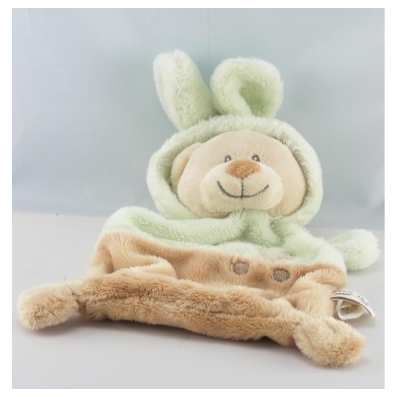 Doudou plat ours déguisé en lapin vert beige GRAIN DE BLE