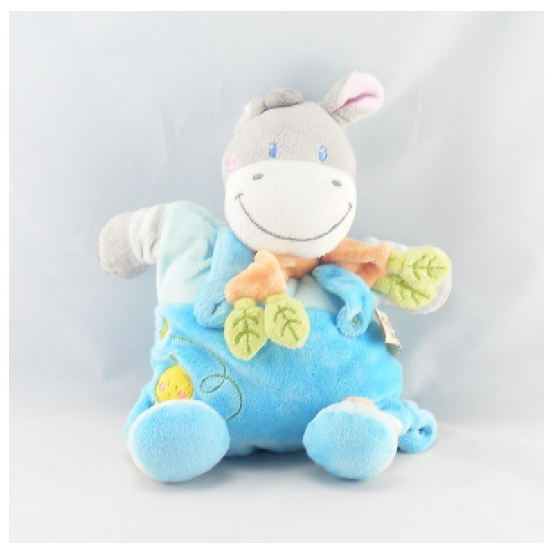 Doudou semi plat vache salopette bleu poussin brodé NICOTOY