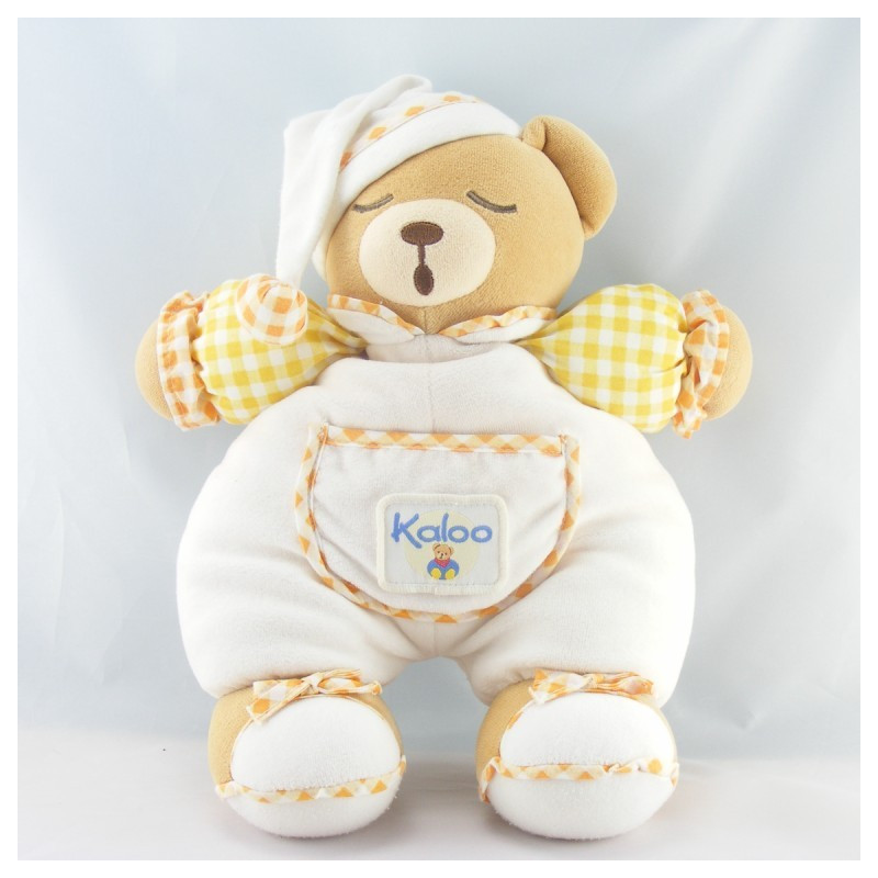 Doudou Ours boule endormi blanc carreaux orange KALOO