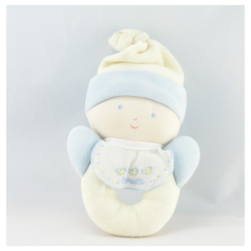 Doudou lutin bébé jaune bleu hochet BABI COROLLE 