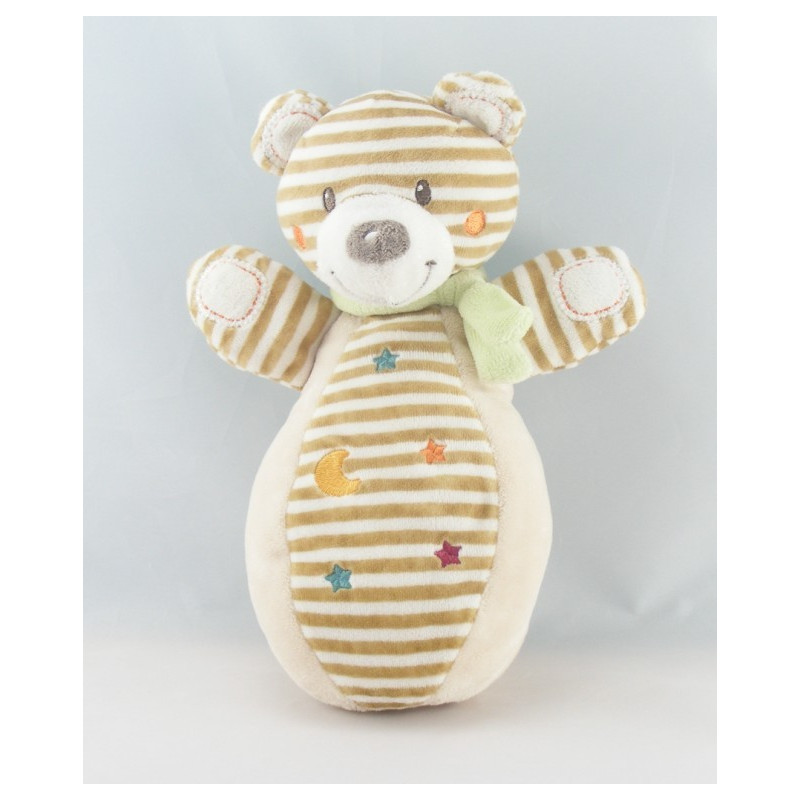 Doudou ours rayé beige écharpe verte lune étoile NICOTOY