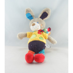 Doudou plat lapin gris beige jaune pattes multicolores MOTS D'ENFANTS