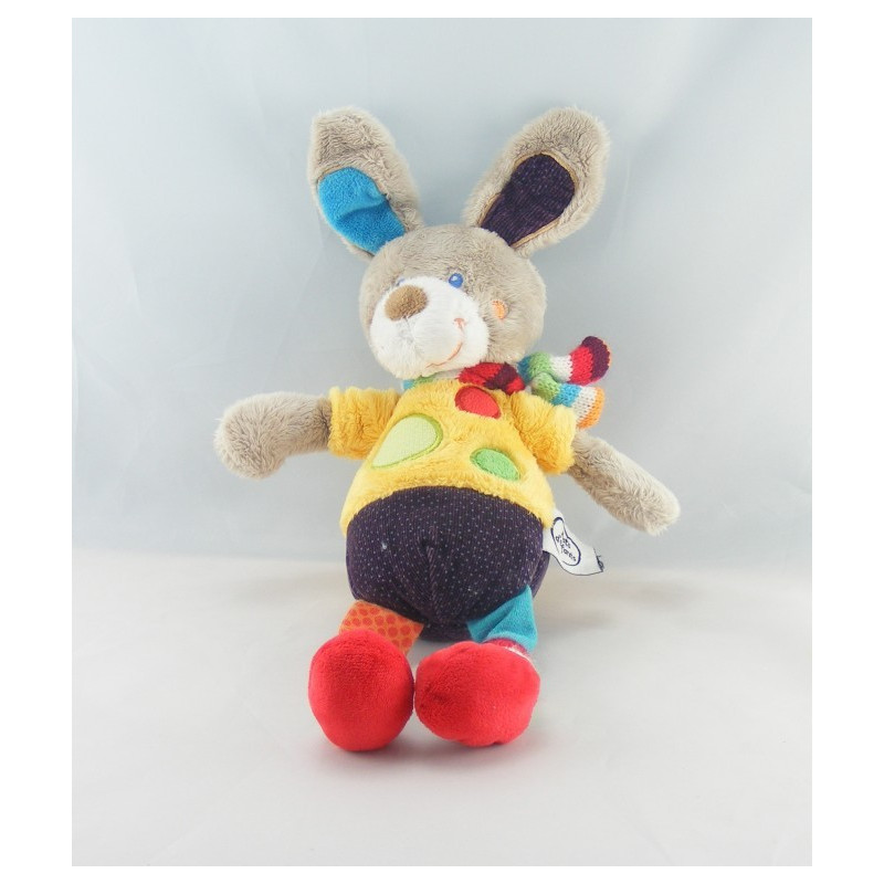 Doudou plat lapin gris beige jaune pattes multicolores MOTS D'ENFANTS