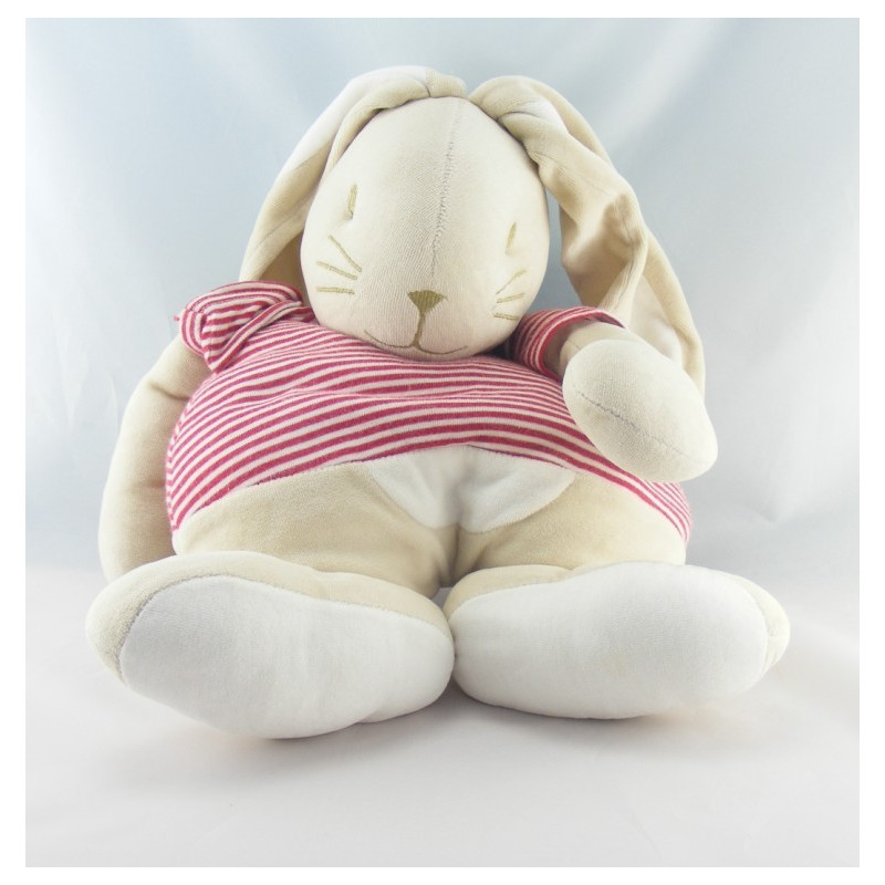 Doudou hochet lapin beige rouge rayé SUCRE D'ORGE 