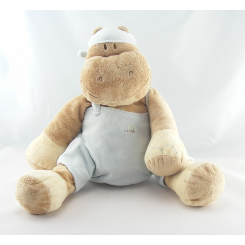 Grand Doudou hippopotame salopette bleu NOUKIE'S