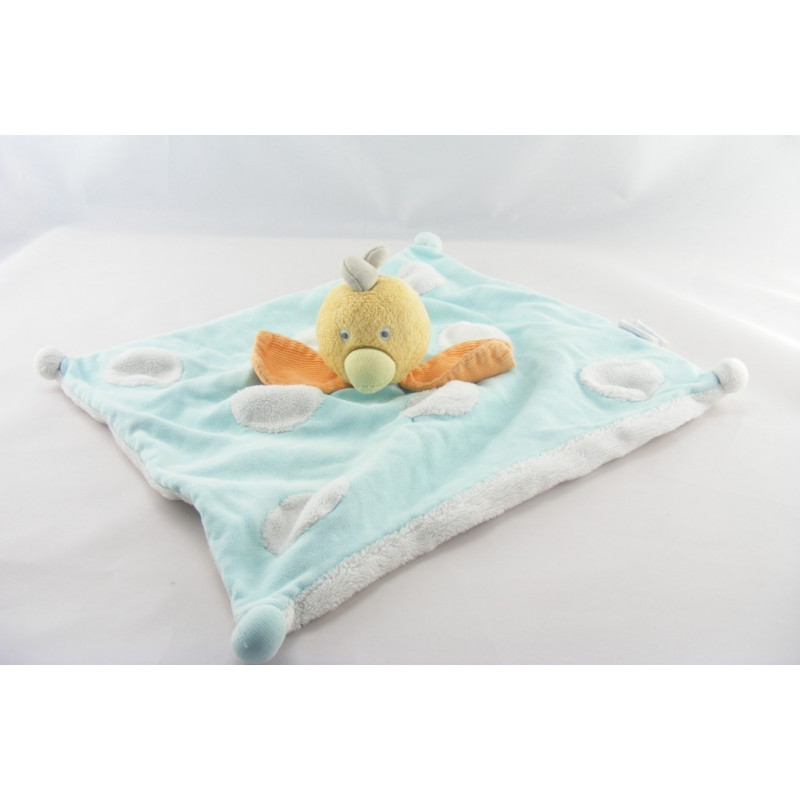 Doudou plat oiseau poule bleu blanc orange OBAIBI