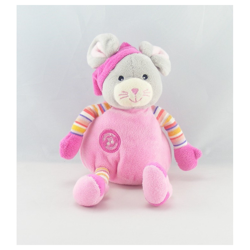 Doudou musical souris grise rose feuille GIPSY