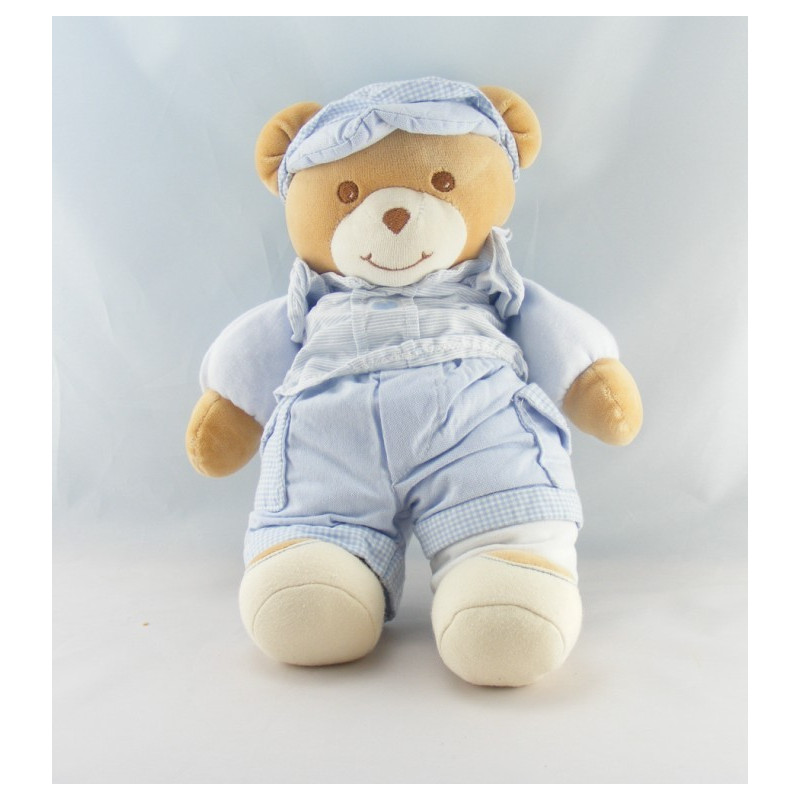 Doudou ours bleu vichy rayé coeur TAKINOU 22 cm
