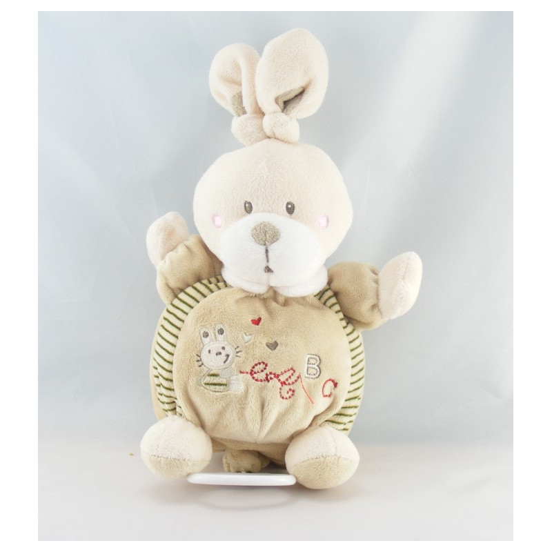 Doudou plat lapin rayé beige ABC attache tétine NICOTOY