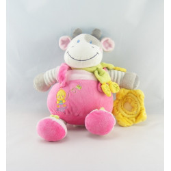Doudou vache rose gris rayé foulard vert poussin hochet NICOTOY