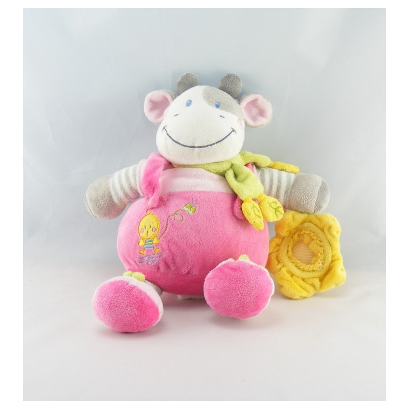 Doudou vache rose gris rayé foulard vert poussin hochet NICOTOY