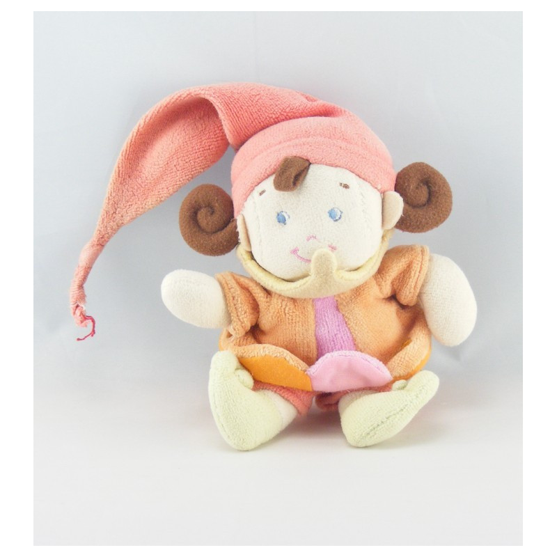 Doudou lutin fille arlequin rose orange NICOTOY 16 cm 