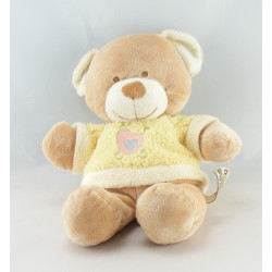 Doudou ours beige Pull jaune oiseau coeur NICOTOY