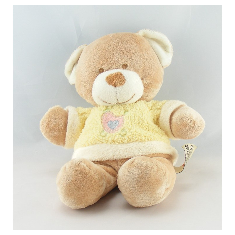 Doudou ours beige Pull jaune oiseau coeur NICOTOY