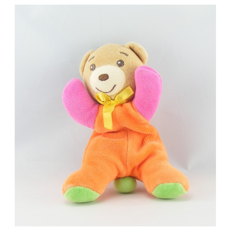Mini doudou ours rose orange vert col jaune KALOO 