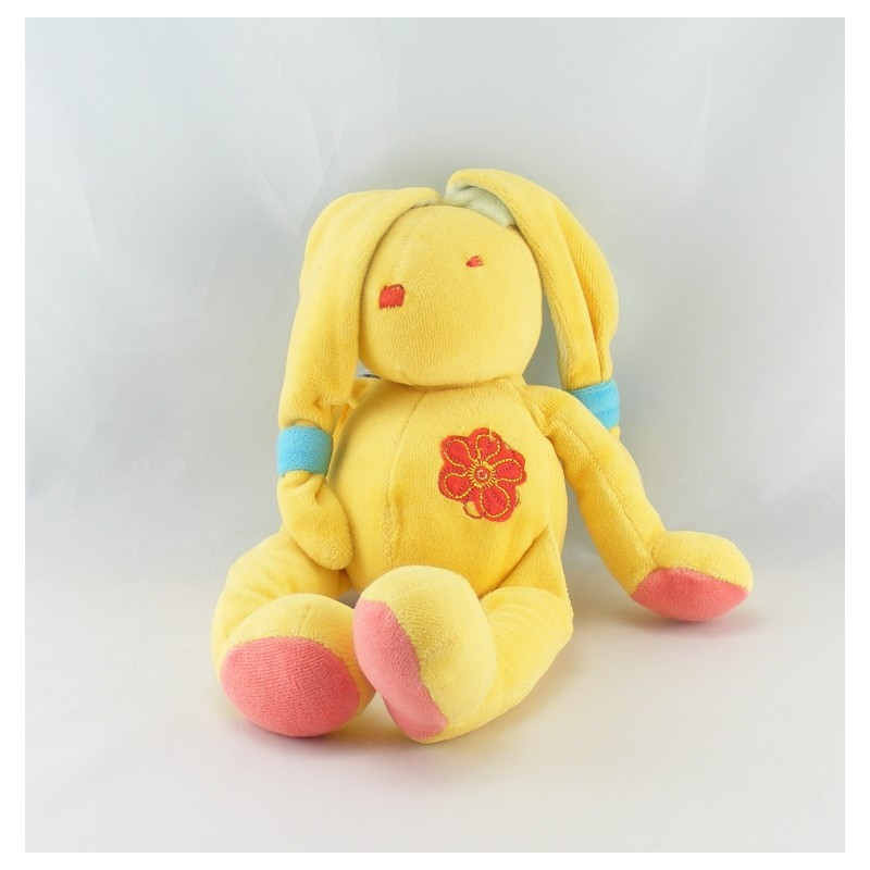 Doudou lapin bleu vert jaune fleur NOUNOURS