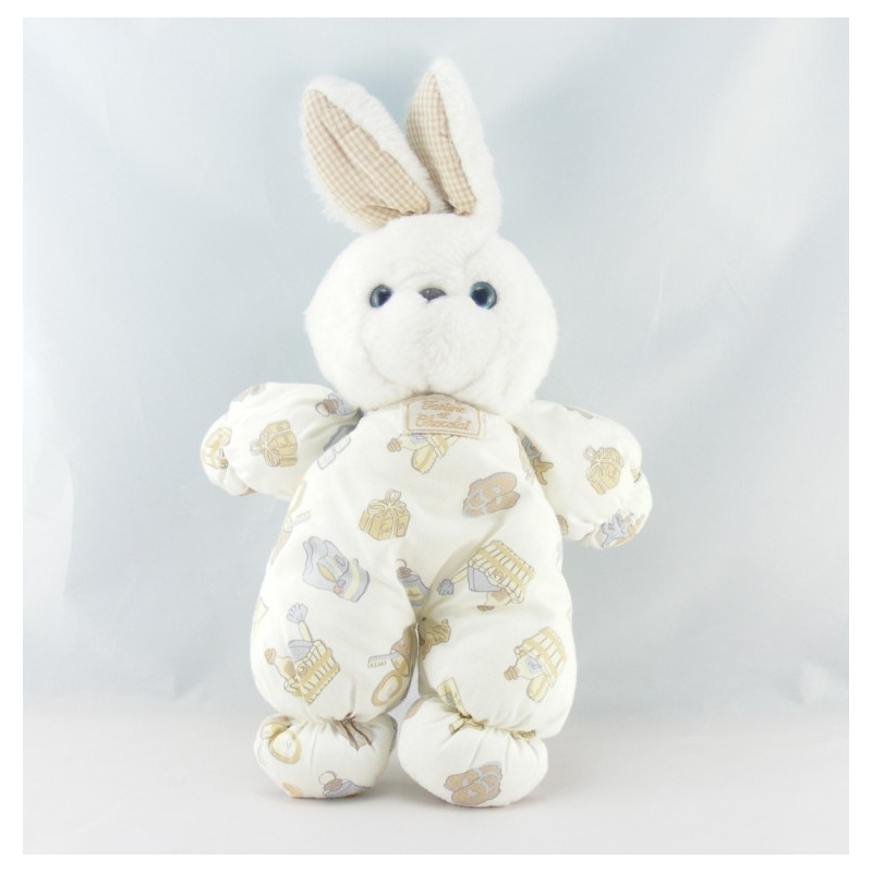Doudou lapin blanc salopette imprimé TARTINE ET CHOCOLAT
