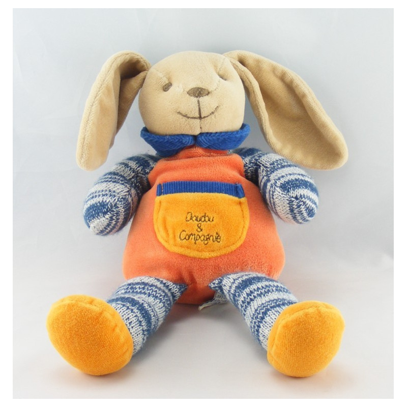 Doudou et compagnie lapin orange bleu laine noeud 30 cm