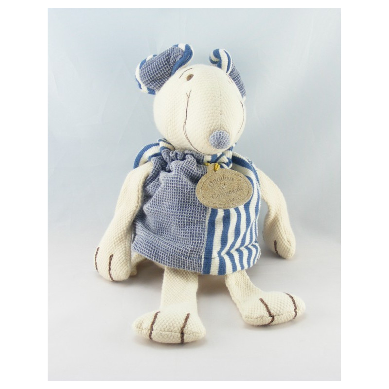 Doudou et compagnie souris grise salopette bleu marine rayé