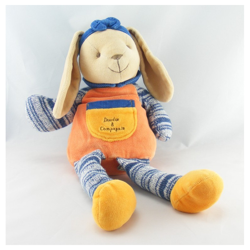 Doudou et compagnie lapin orange bleu laine 30 cm