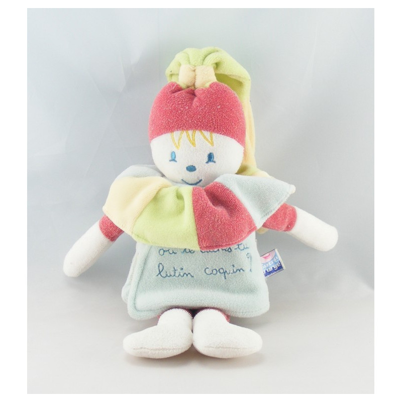 Doudou boule clown arlequin bleu rouge jaune SUCRE D'ORGE 