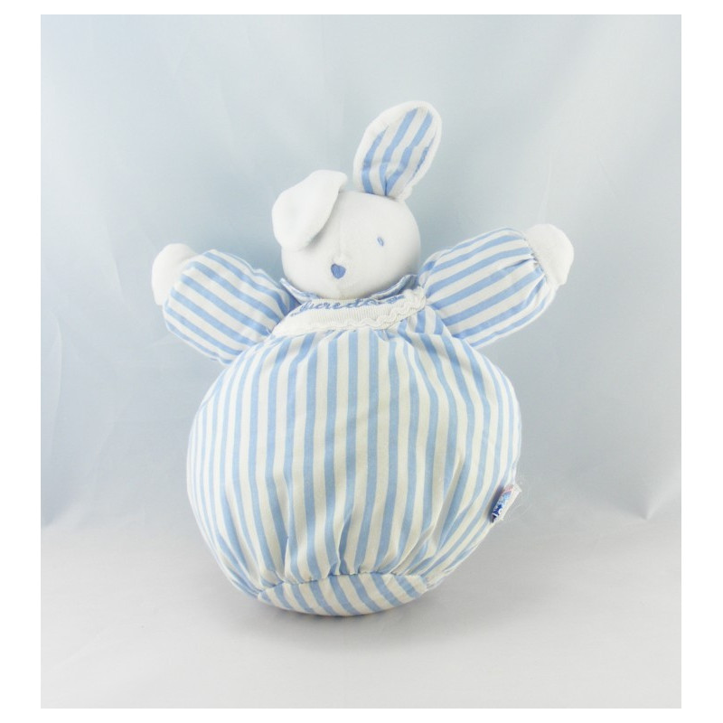 Doudou lapin boule blanc bleu rayé SUCRE D'ORGE