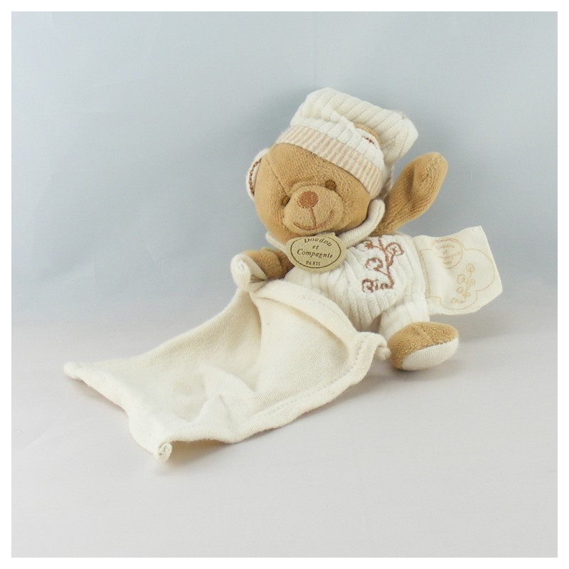 Doudou et compagnie bio ours blanc beige fleurs 14 cm