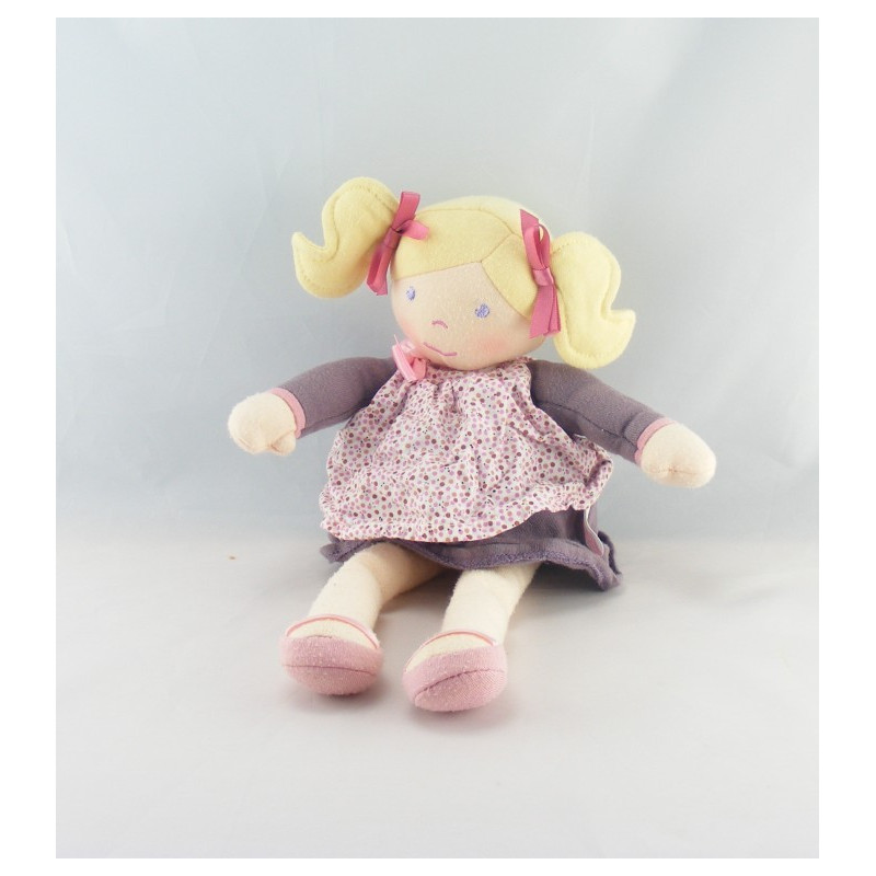 Doudou poupée chiffon robe prune pois couettes COROLLE