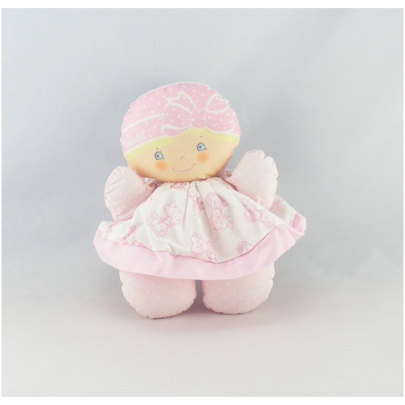 Doudou poupée chiffon bébé tendre rose fleurs rouge COROLLE 1993