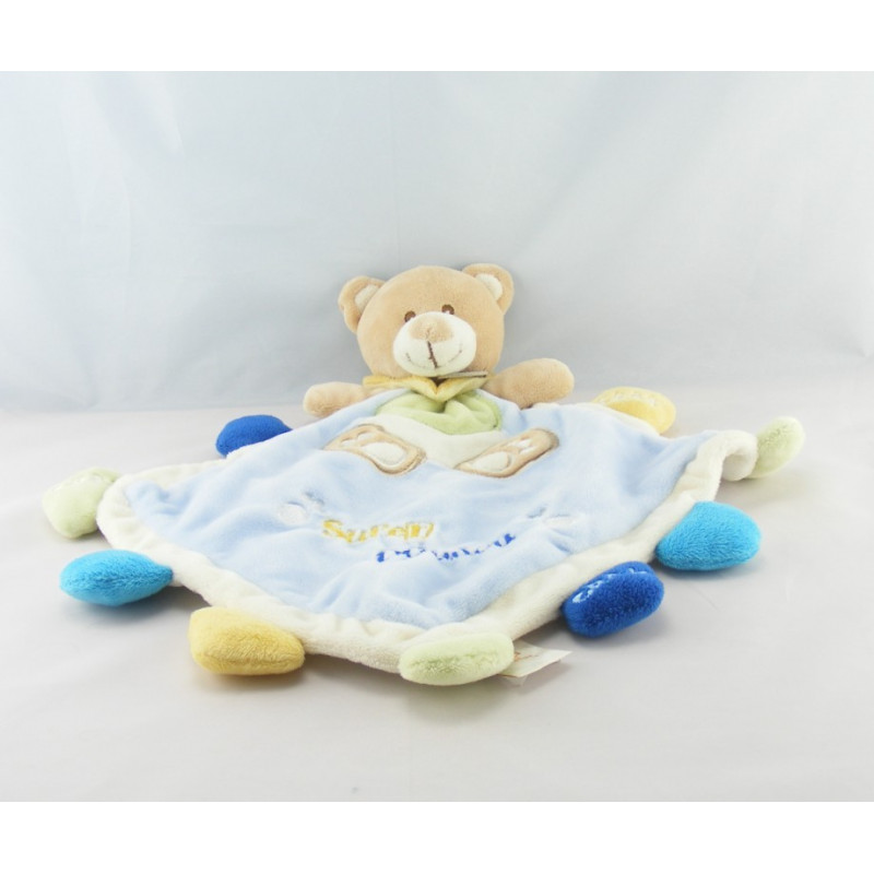 Doudou plat lapin bleu mauve blanc Super Doudou BABY NAT 
