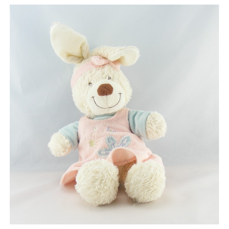 Doudou hochet lapin blanc robe rose bleu papillon TEX BABY