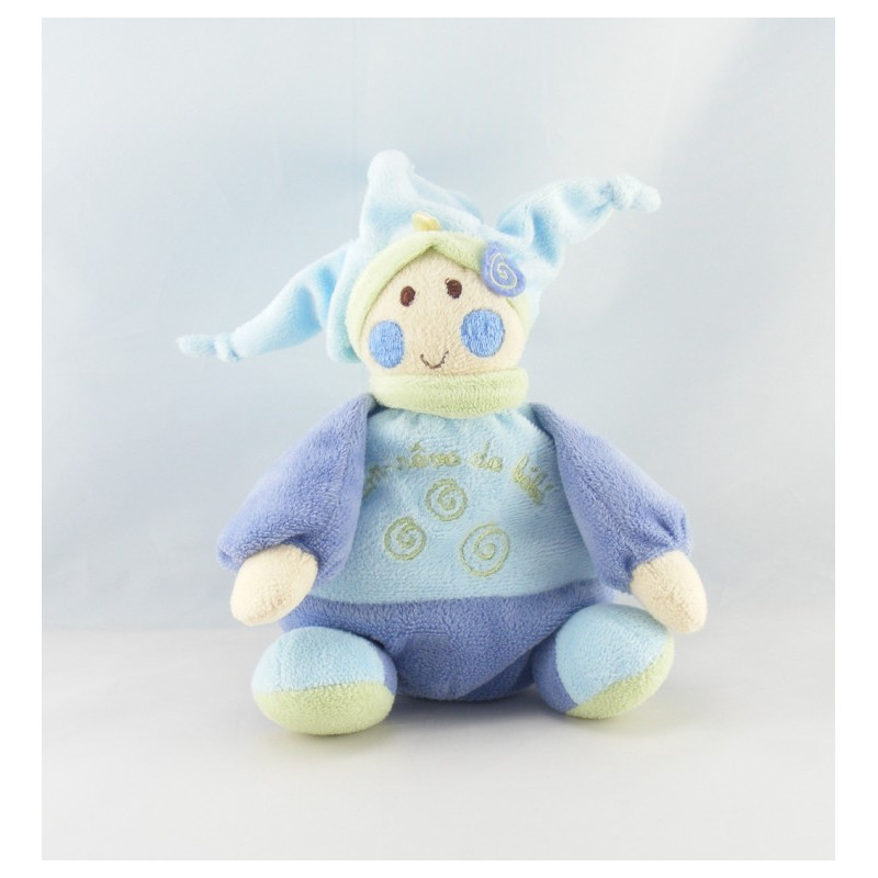 Doudou marionnette lutin bleu vert spirale REVE DE BEBE