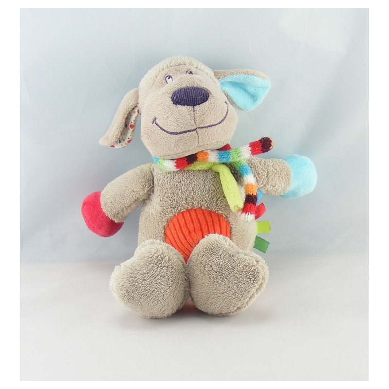 Doudou plat lapin gris beige jaune pattes multicolores MOTS D'ENFANTS