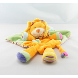 Doudou plat lion orange vert bleu jaune feuille POMMETTE