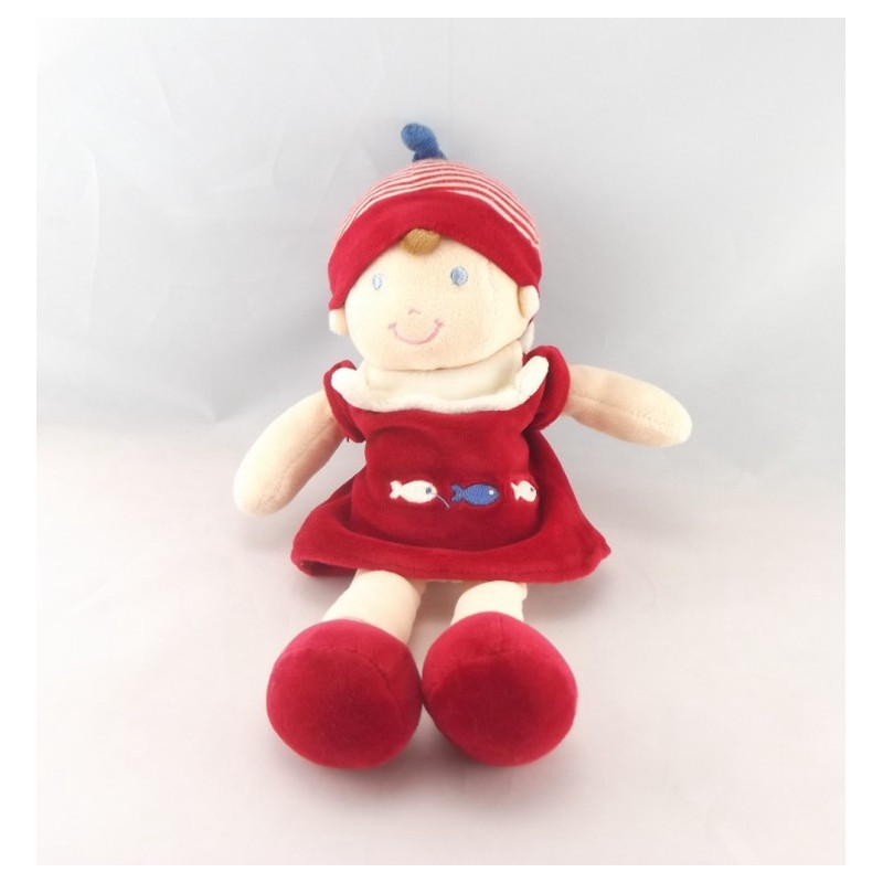 Doudou garçon marin rouge poissons brodés MOTS D'ENFANTS