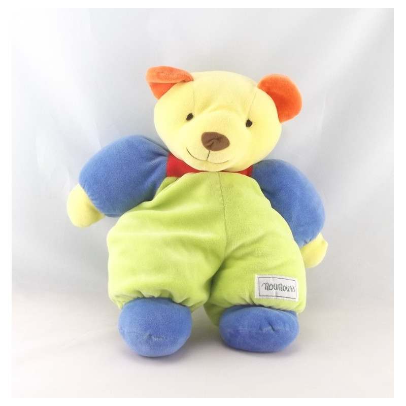 Doudou ours bleu vert jaune fleur NOUNOURS