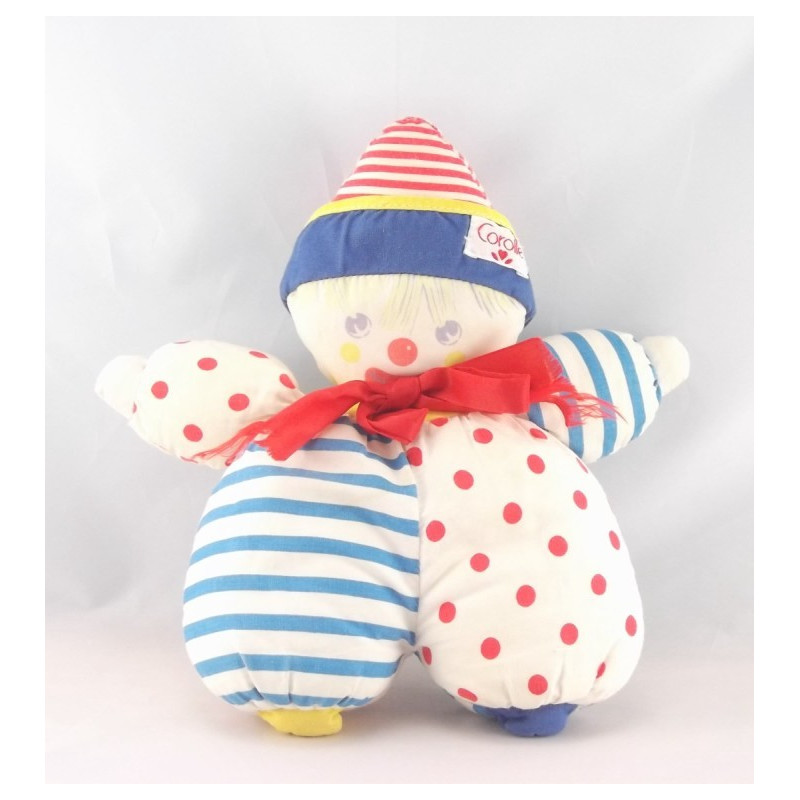 Doudou clown bleu vert rouge jaune pois hochet COROLLE