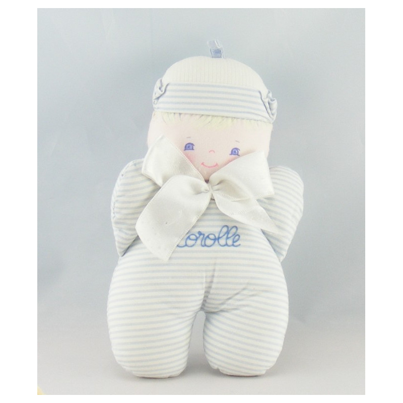 Doudou Hochet marin rayé bleu noeud rouge COROLLE