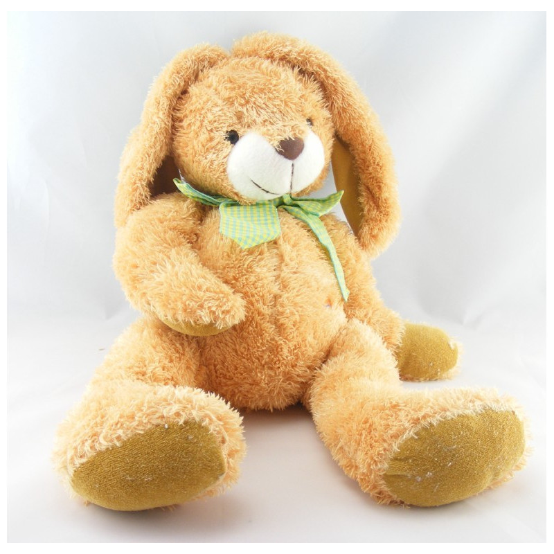 Grand Doudou peluche chien lapin beige marron noeud carreaux vert BAMBIA