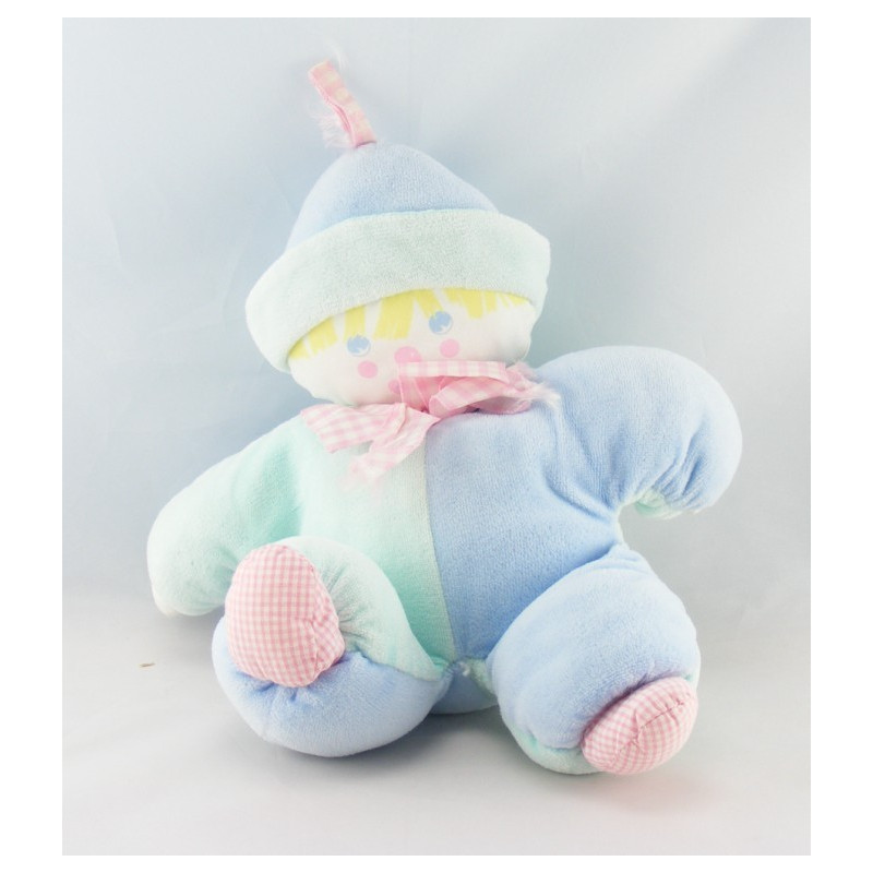 Doudou clown rose bleu jaune hochet COROLLE