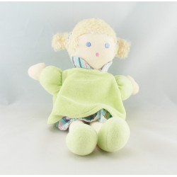 Doudou poupée fille robe verte bleu nattes NOUNOURS NEUF