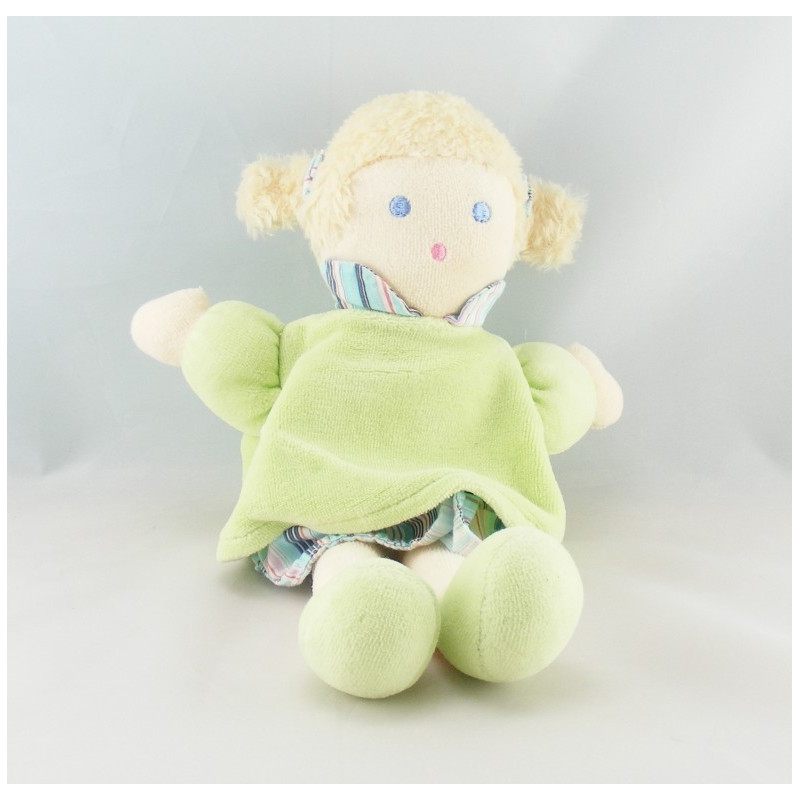Doudou poupée fille robe verte bleu nattes NOUNOURS NEUF