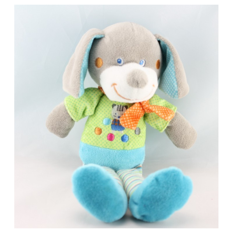 Doudou Chien bleu vert cercles jambes pois carreaux MOTS D'ENFANTS